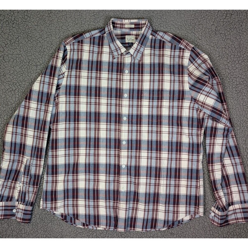 J Crew Men’s Classic Plaid Shirt Burgundy Button Up Size XL 100% Cotton Shirting